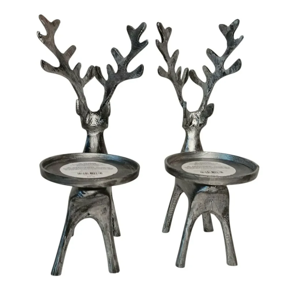2 Silver Metal Deer Pillar Candle Holders By Pier 1 Reindeer Christmas Holiday
